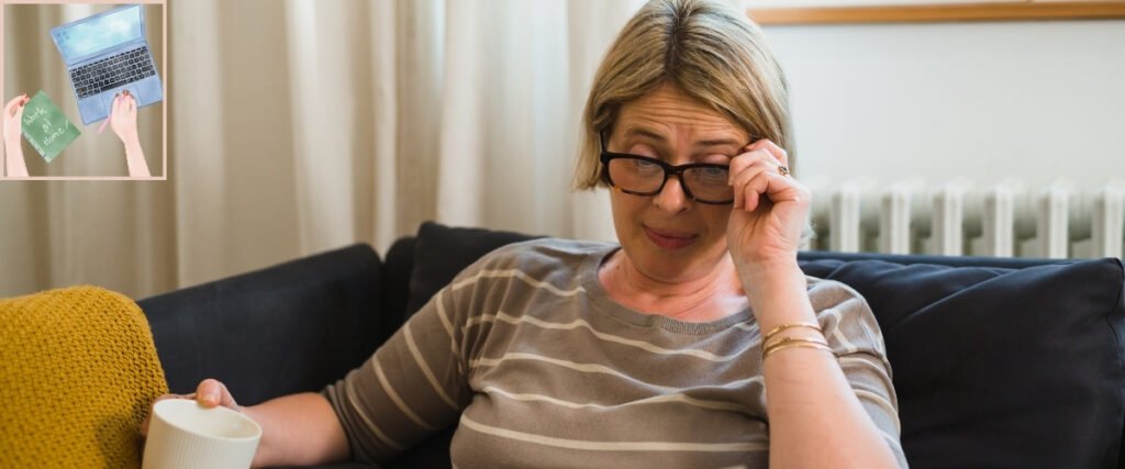 Woman adjusting her glasses while holding a cup on a sofa, alongside discussion of combining writing and affiliate work.