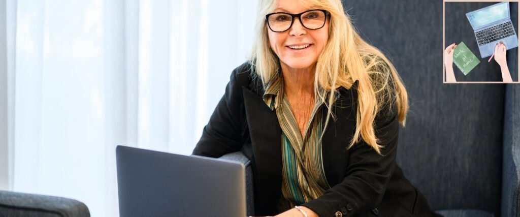 Older woman seated at a laptop, alongside guidance on researching a digital marketing programme before buying.