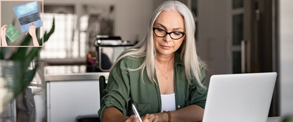 Grey-haired woman taking notes beside a laptop, illustrating researching an affiliate programme before joining.
