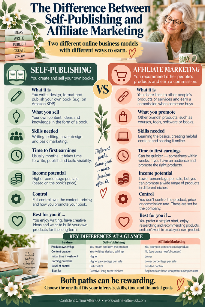 women over 60 ask question what is the difference between self-publishing and affiliate marketing