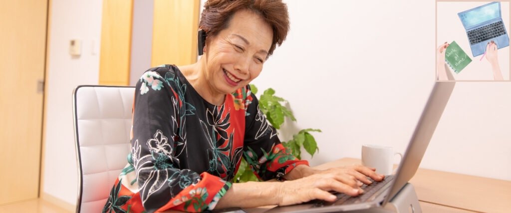 Older woman typing on a laptop at home, alongside an explanation of book royalties and publishing expenses.