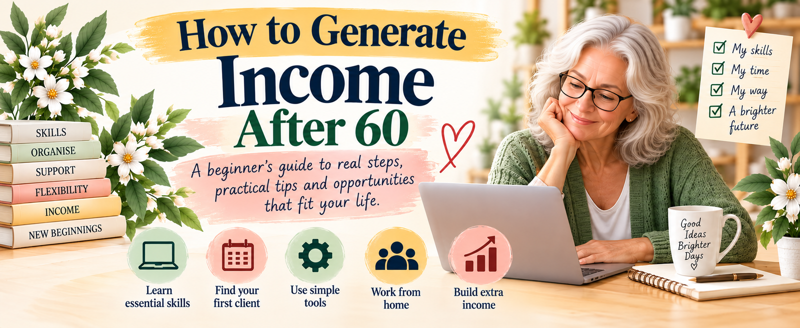 How to Generate Income After 60 — a beginner’s guide to real steps, practical tips and opportunities that fit your life. Learn essential skills, find your first client, use simple tools, work from home and build extra income.