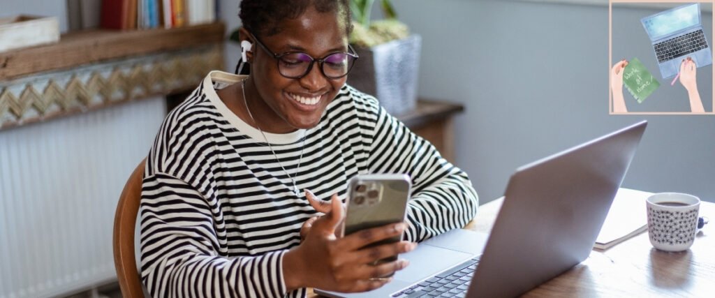 Woman using a smartphone beside a laptop, illustrating the devices used for online communication and product content.