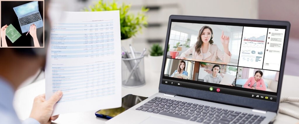 Person reviewing a printed spreadsheet during a laptop video meeting, alongside discussion of publishing marketing costs.