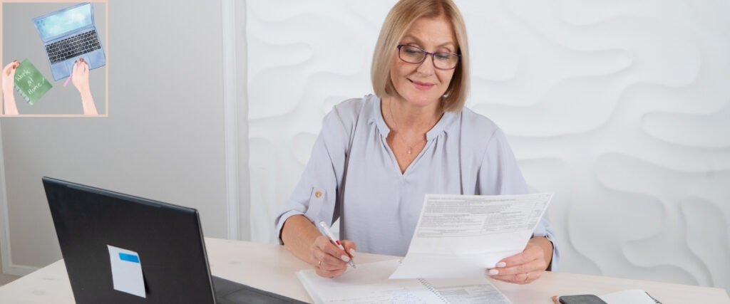 Woman reviewing a printed document beside her laptop, illustrating researching an offer before recommending it.