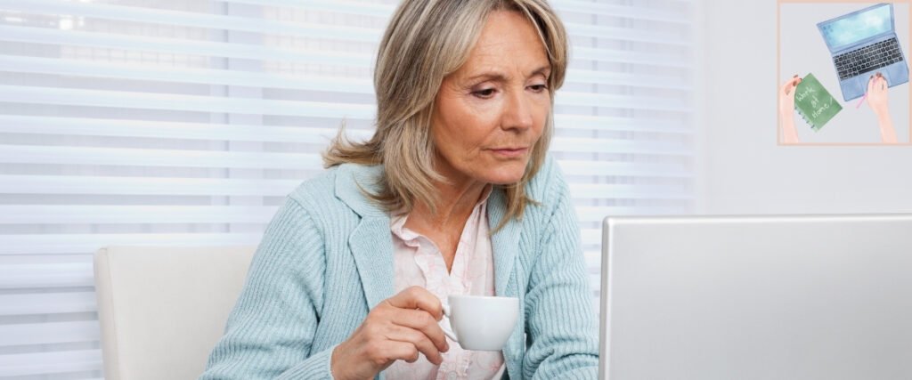 Woman checking her laptop while holding a cup, alongside guidance on testing a digital file before selling it.