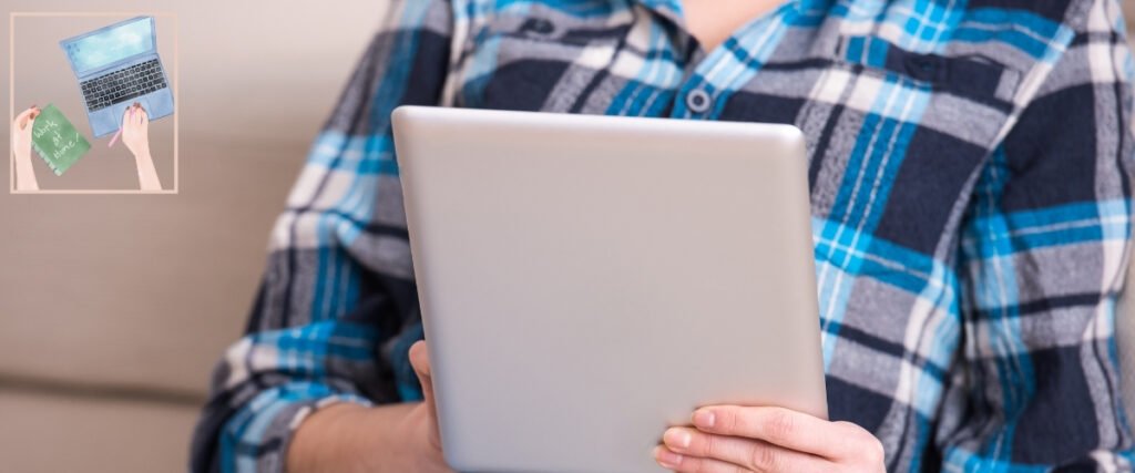 Person in a checked shirt using a tablet, illustrating researching ways to reach readers online.