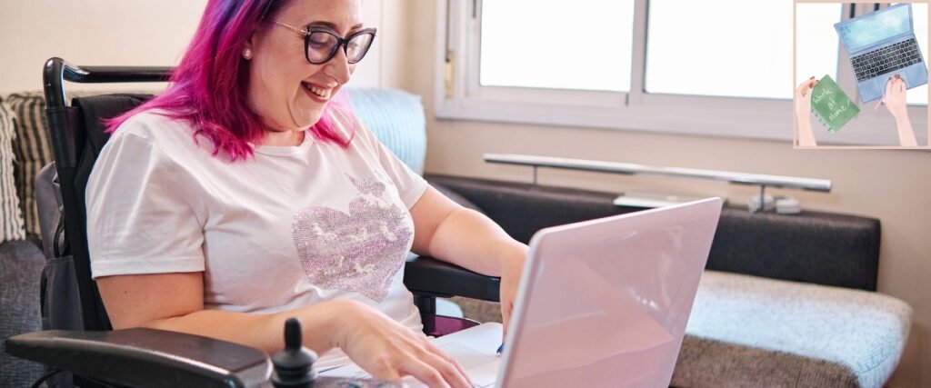 Woman in a wheelchair using a laptop at home, illustrating an accessible setup for remote work.