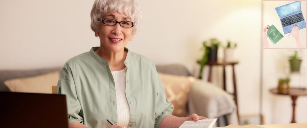 Older woman with a notebook and laptop, illustrating planning useful content for an online audience.